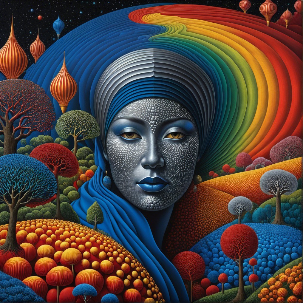 Portrait of a serene figure in a vibrant landscape