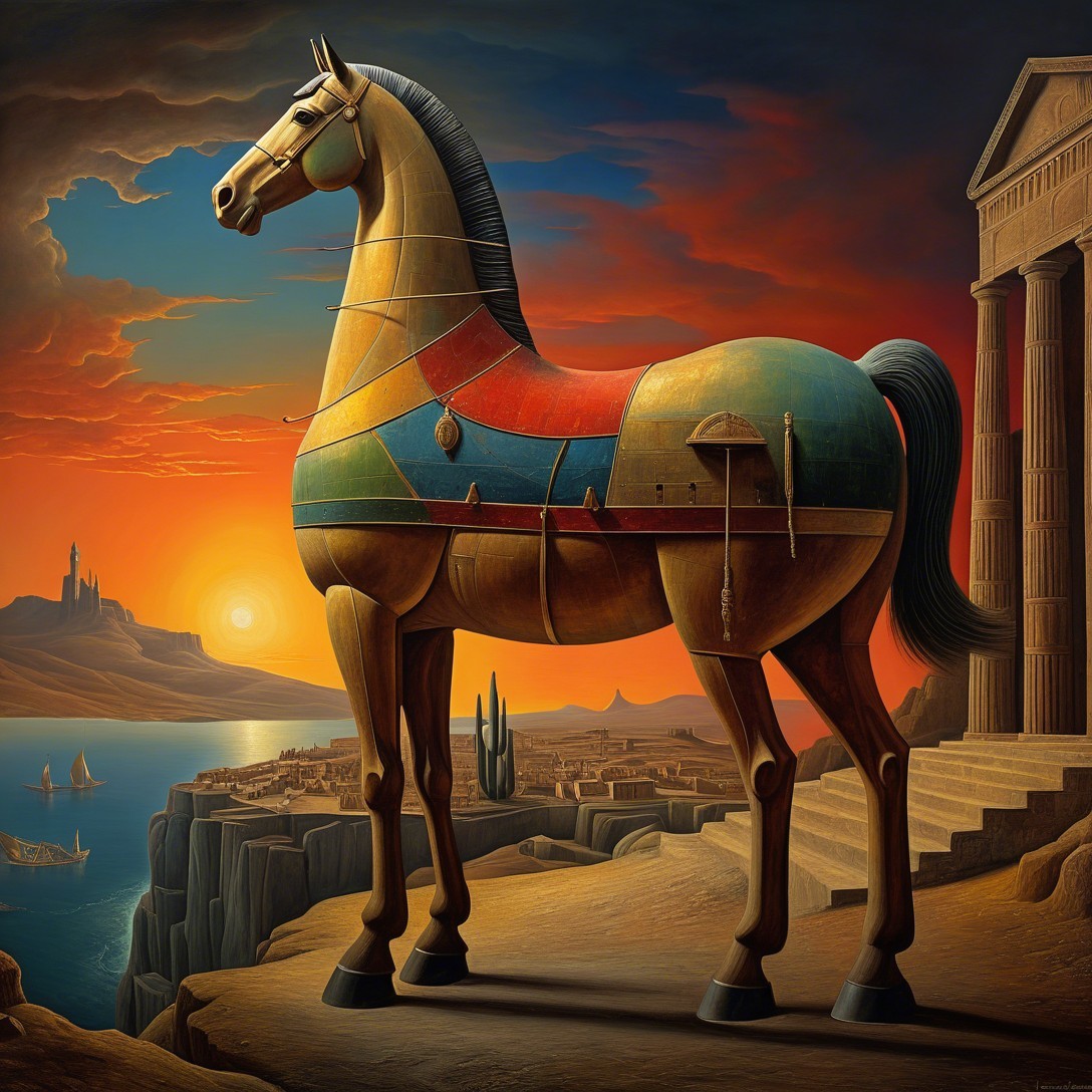 Trojan Horse Painting with Sunset and Landscape Elements