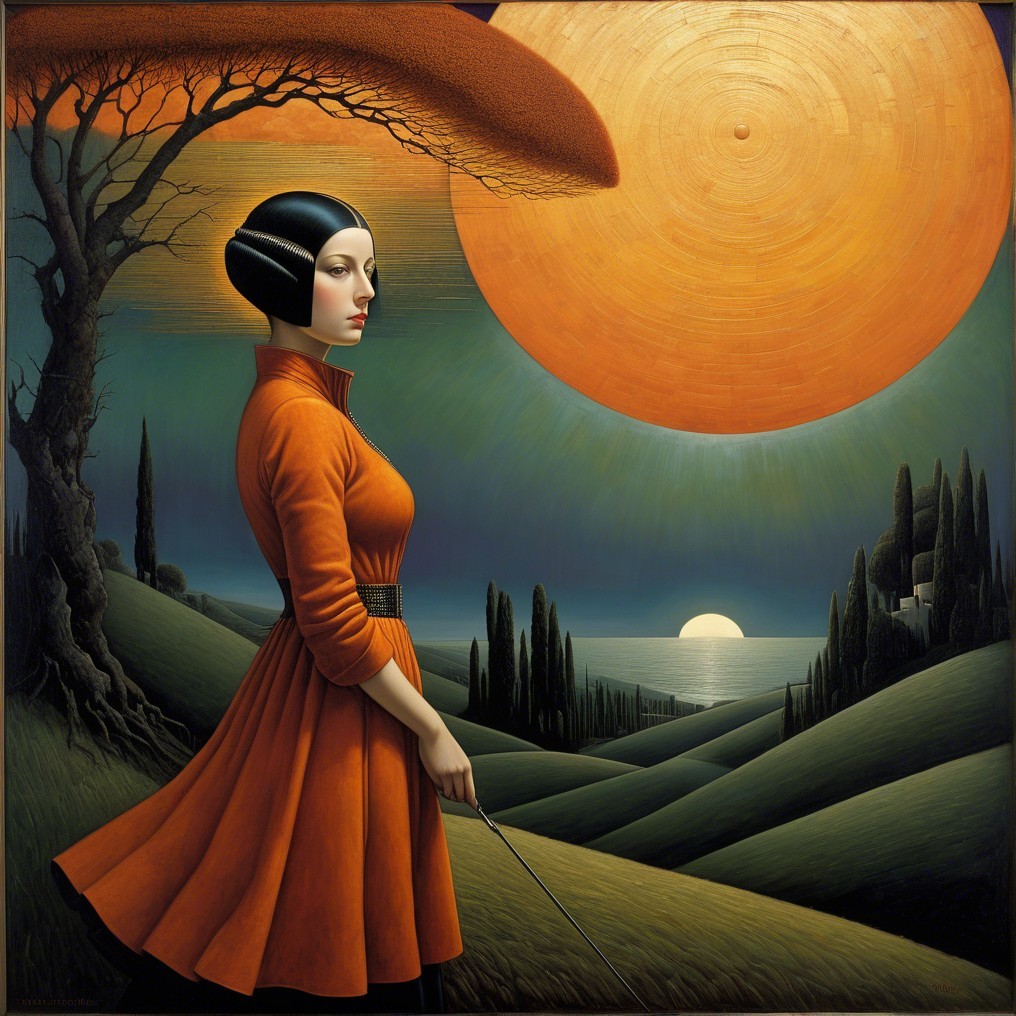 Surreal Landscape with Woman in Orange Dress and Sun