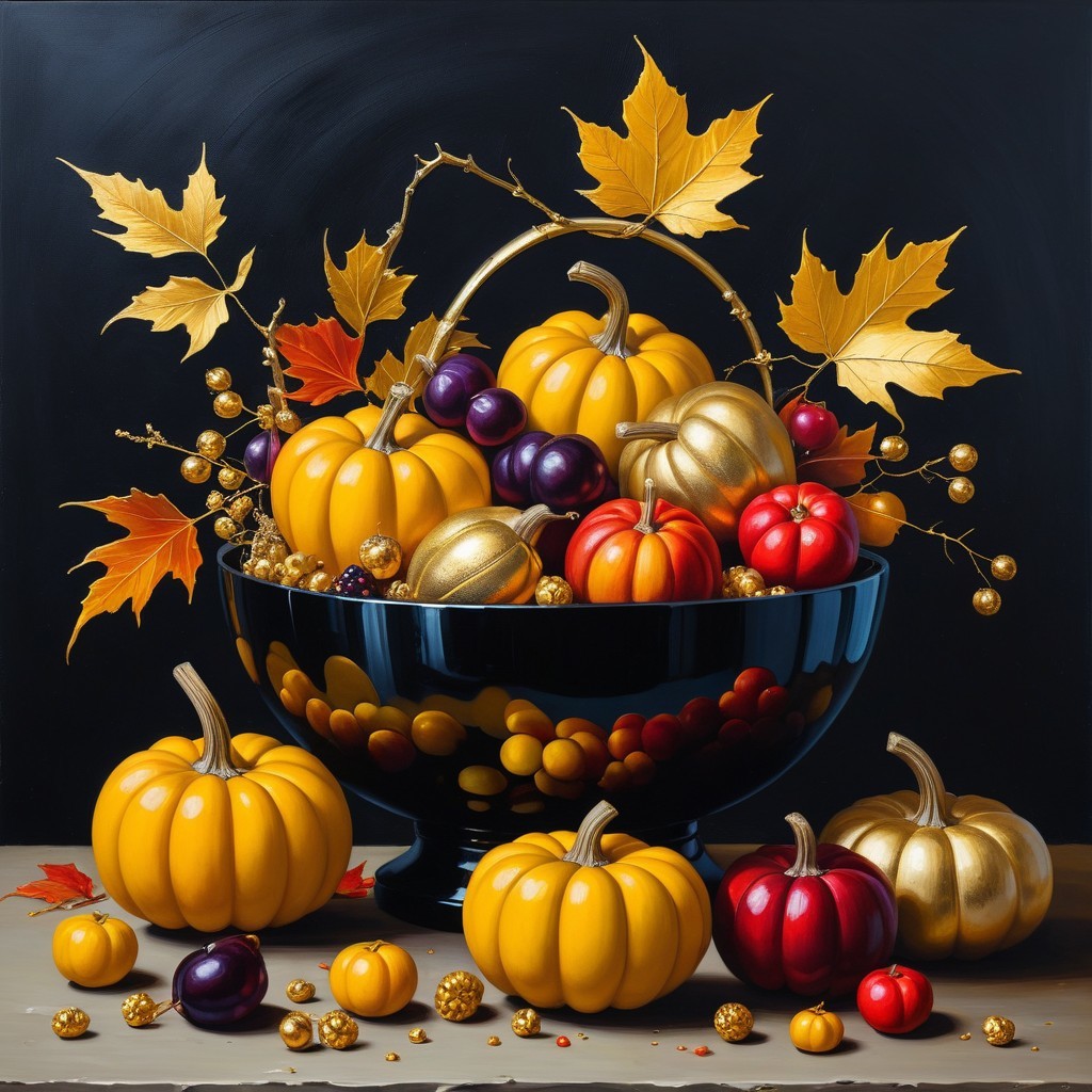 Vibrant Still Life of Colorful Pumpkins and Leaves