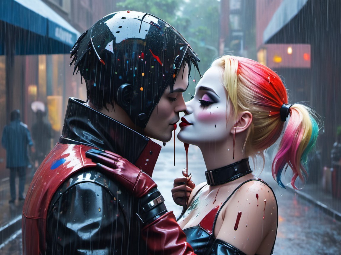 Vibrant Couple Kissing in Rainy Urban Setting