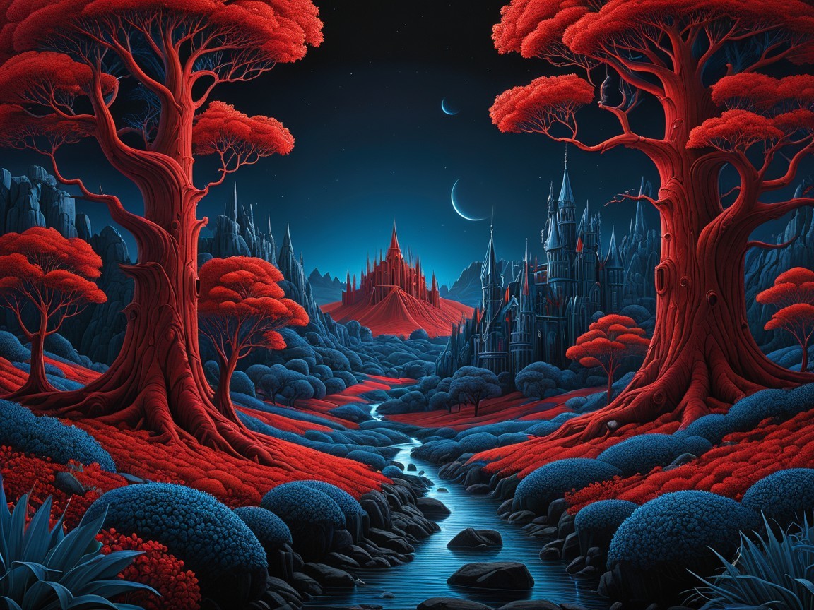 Fantastical Landscape with Red Trees and Two Moons