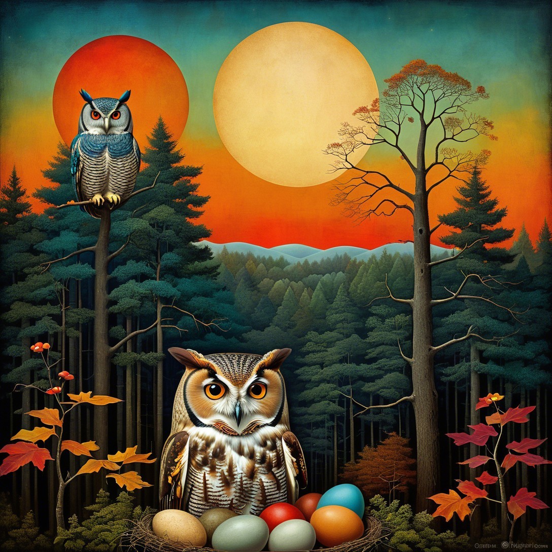 Detailed Folk Art Depiction of Owls in a Forest