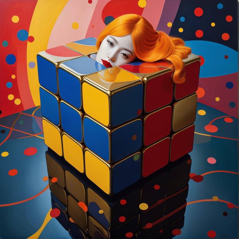 Surreal Artwork of Woman and Colorful Rubik's Cube