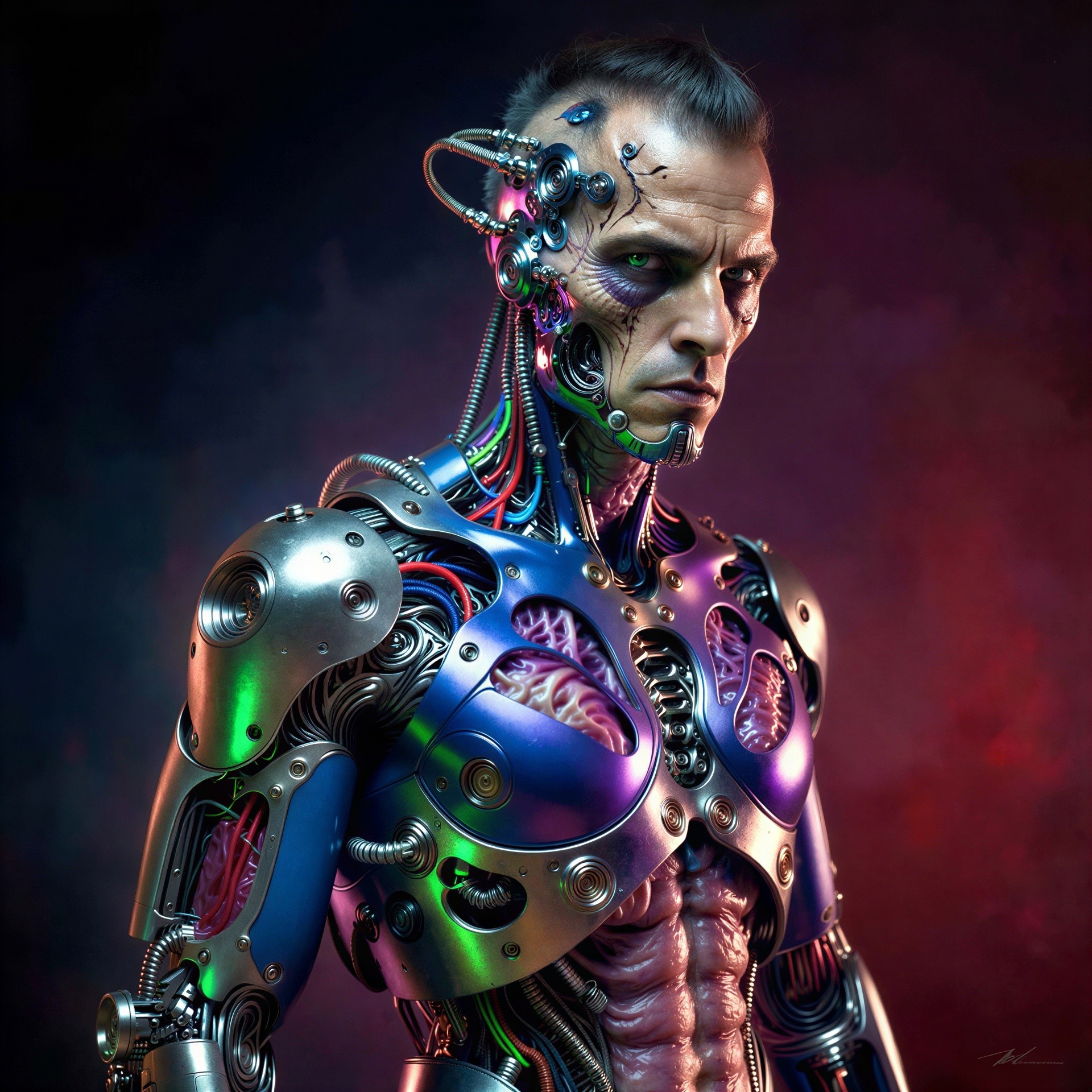 Hyper-detailed close-up of a cyberpunk cyborg man