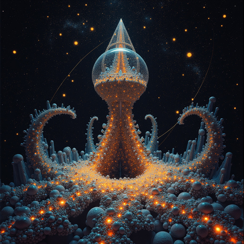 Surreal Landscape with Cosmic Lighthouse Structure