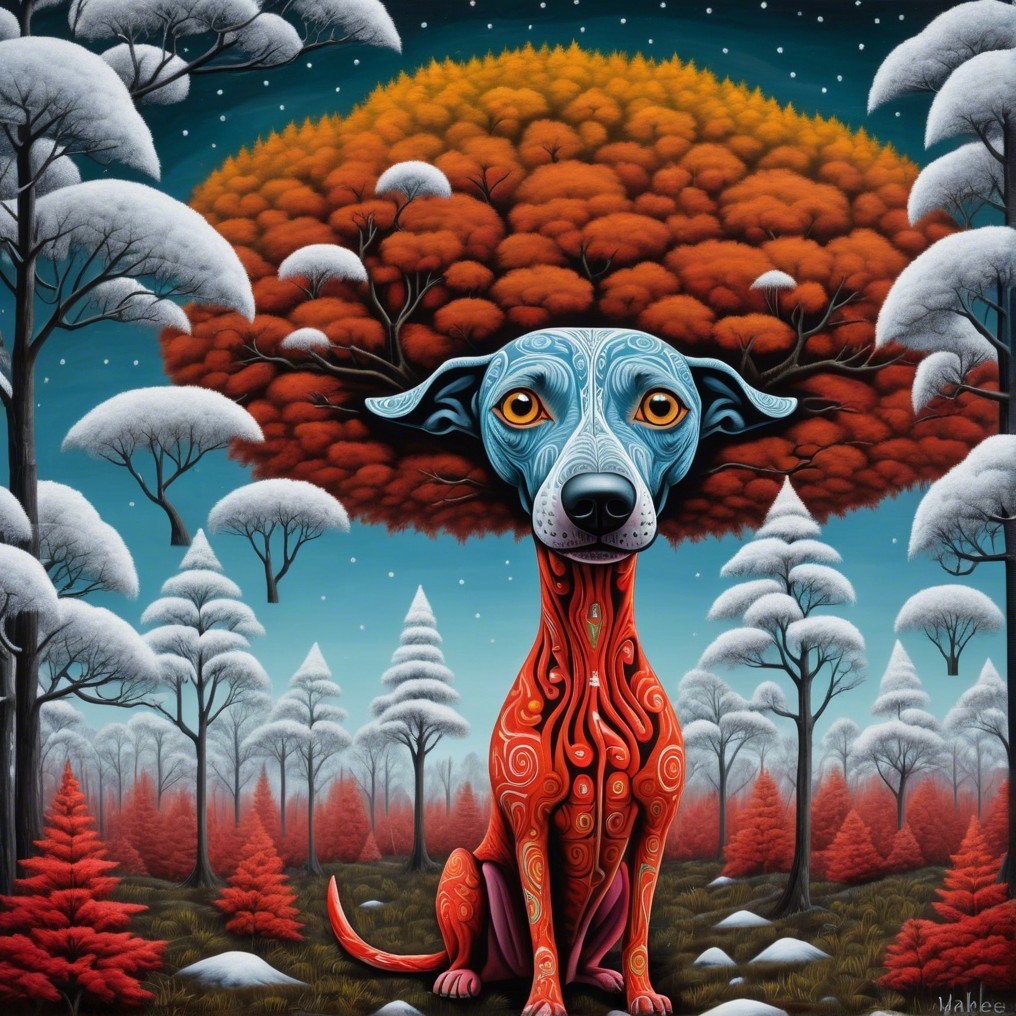 Surreal Dog with Vibrant Body in Enchanted Landscape