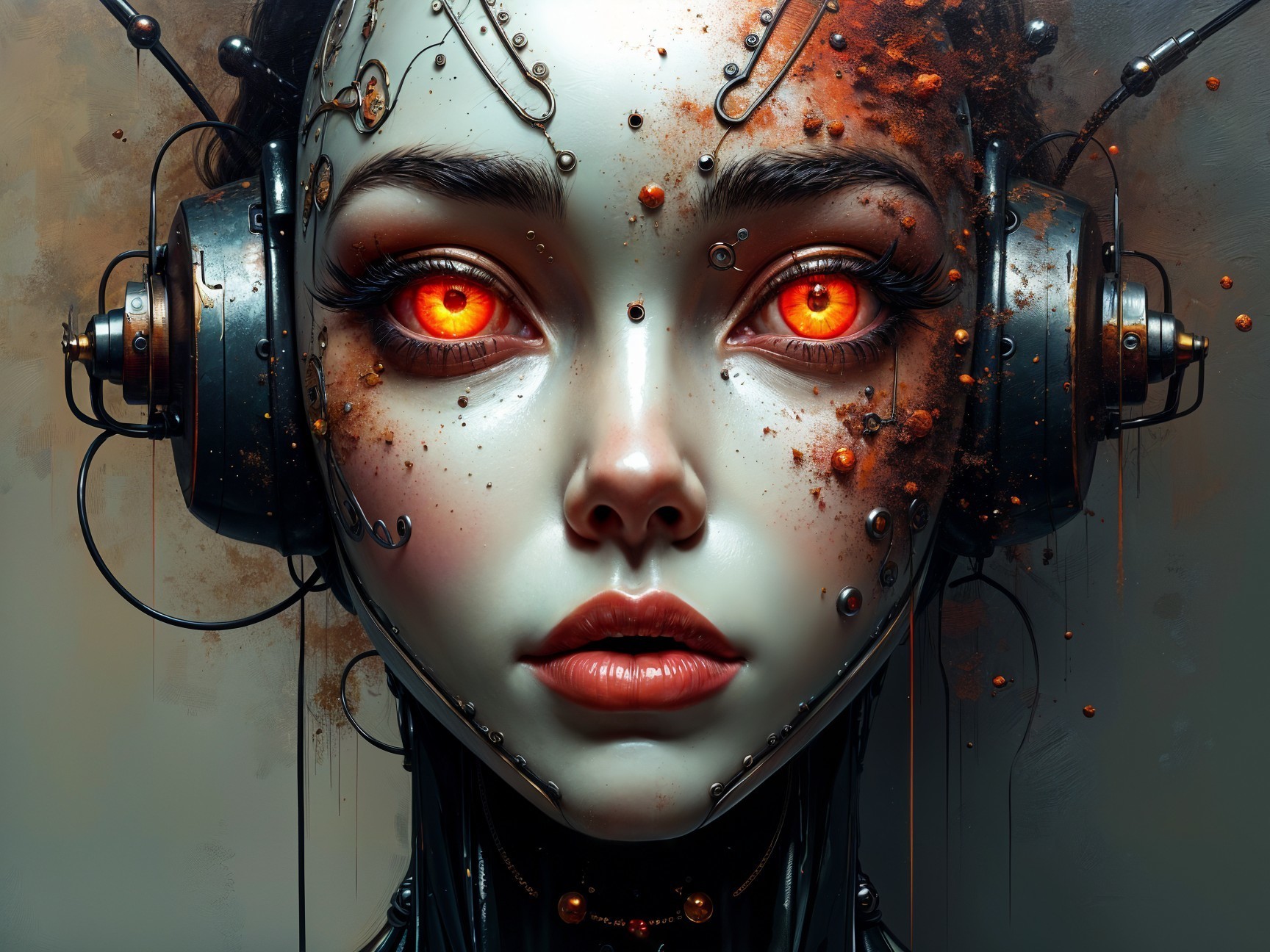 Cybernetic Face with Glowing Eyes and Metallic Elements