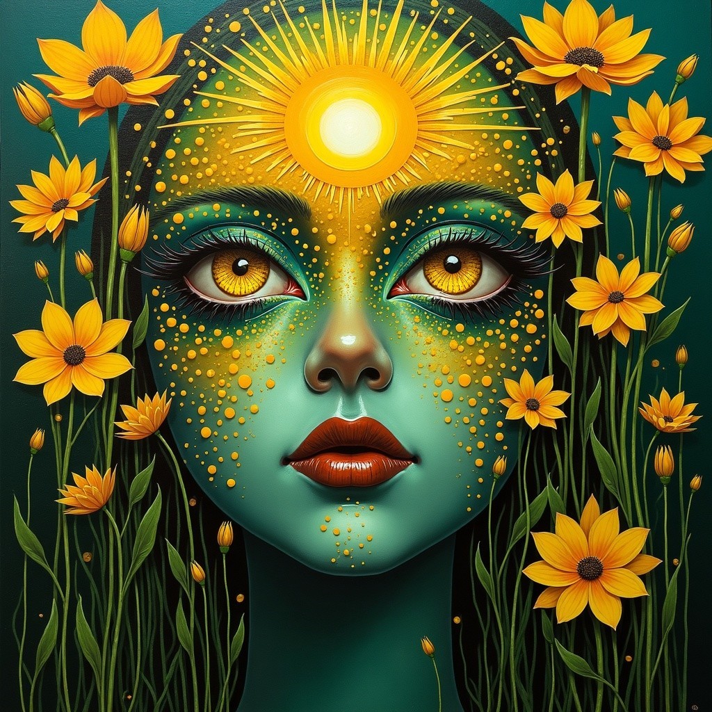 Teal Female Figure Surrounded by Yellow Flowers