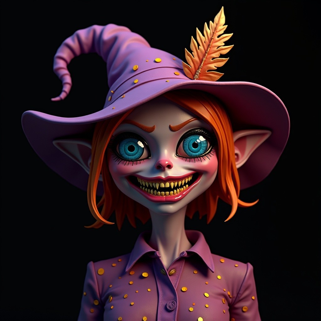 Whimsical Character with Orange Hair and Purple Hat