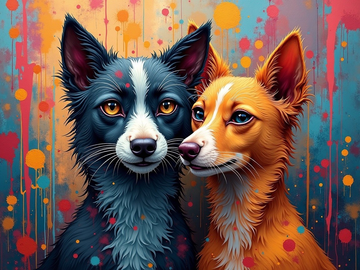 Stylized Dogs with Colorful Background and Playful Expression