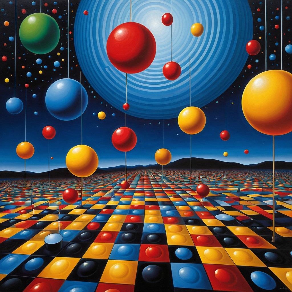Surreal Landscape with Colorful Spheres and Grid Pattern