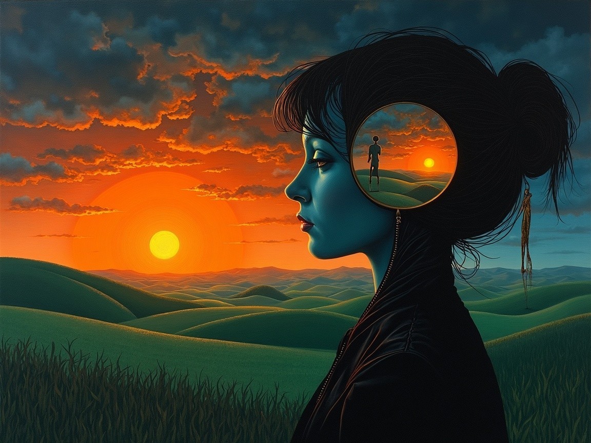 Profile of a Woman with Blue Skin and Sunset Background