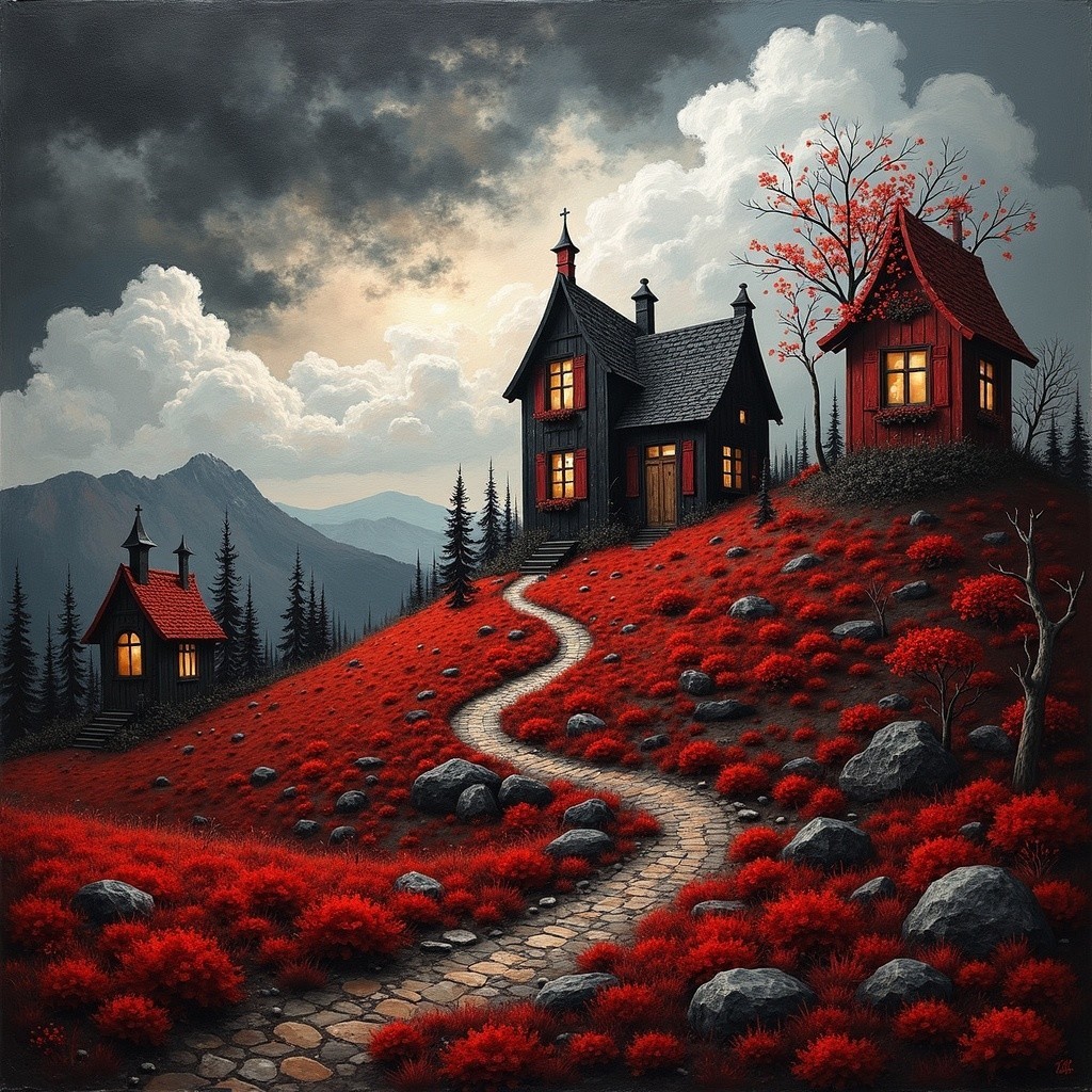 Whimsical Landscape with Dark Houses and Red Hill