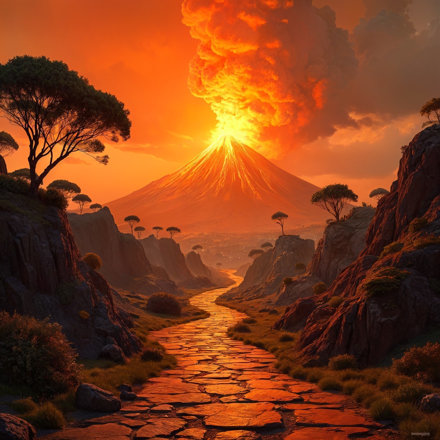 Erupting Volcano with Sunset Landscape and Pathway