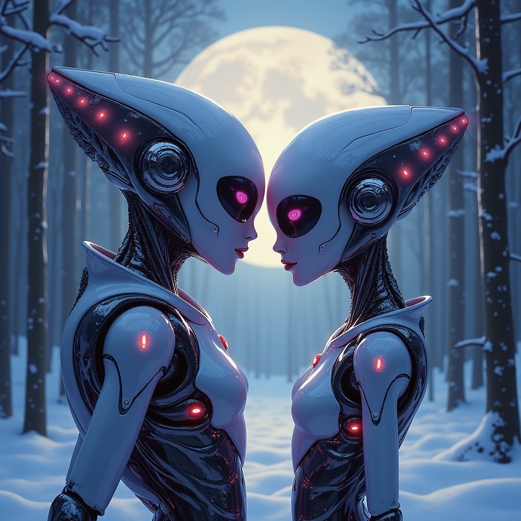 Futuristic robots in snowy moonlit forest setting