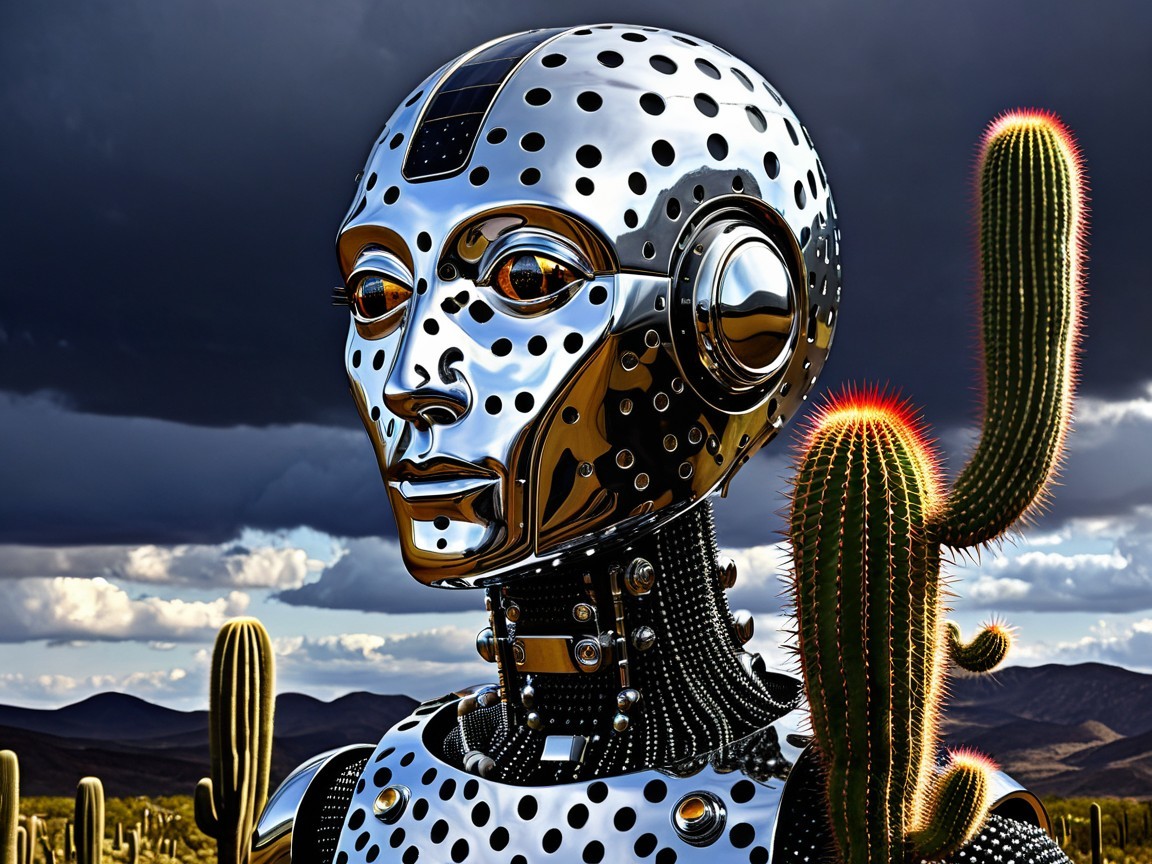 Futuristic Robot in Desert Landscape with Cacti