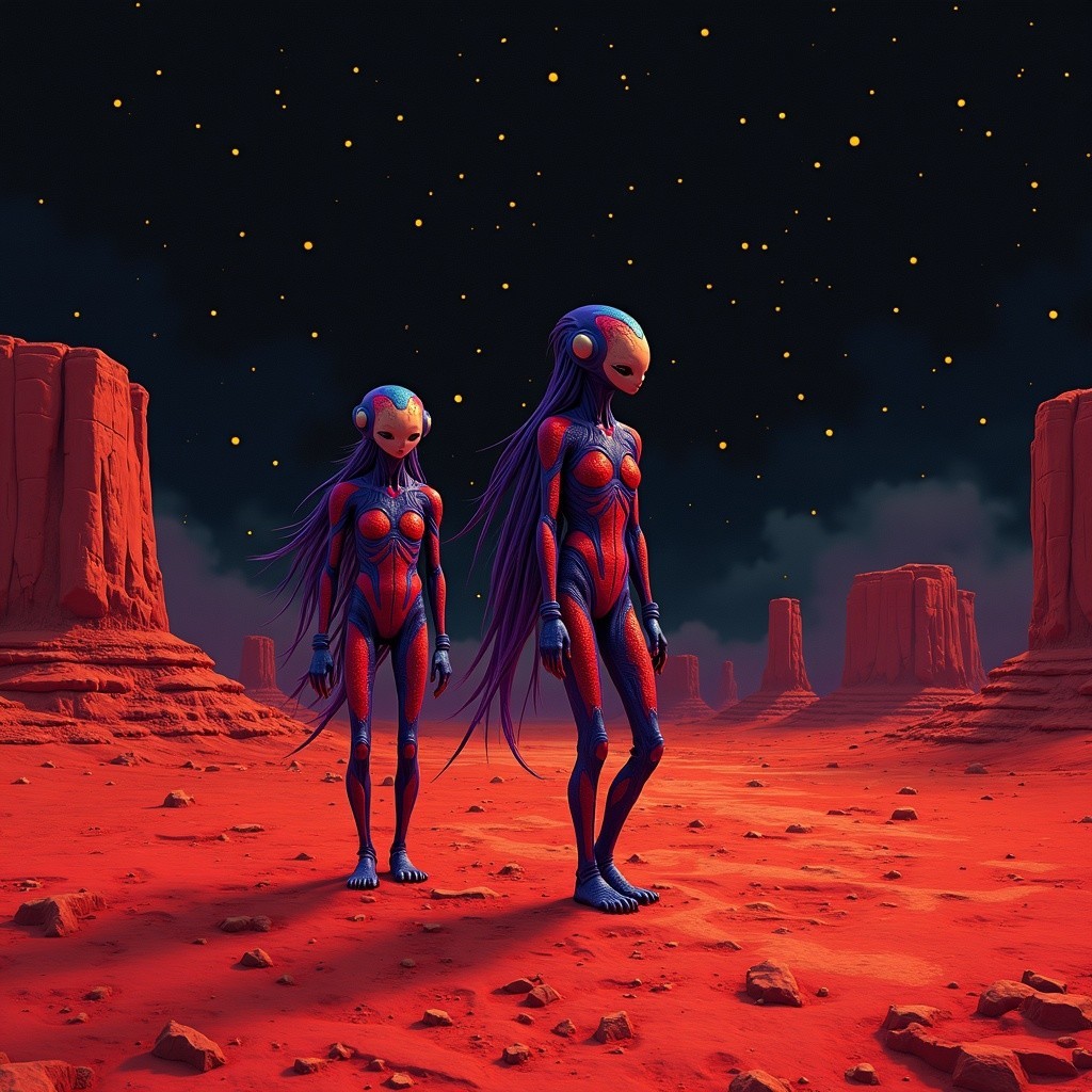 Surreal Martian Landscape with Alien Figures at Night