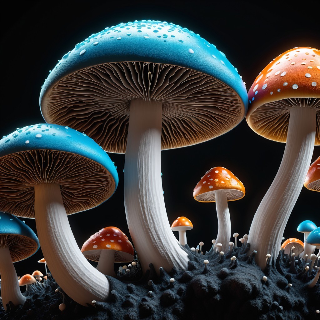 Surreal Mushrooms with Blue and Orange Caps Displayed