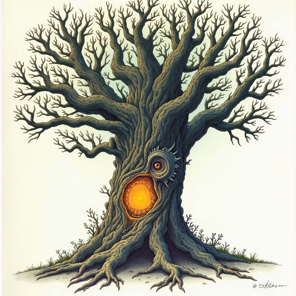 Ancient Tree with Glowing Orange Core and Barren Branches
