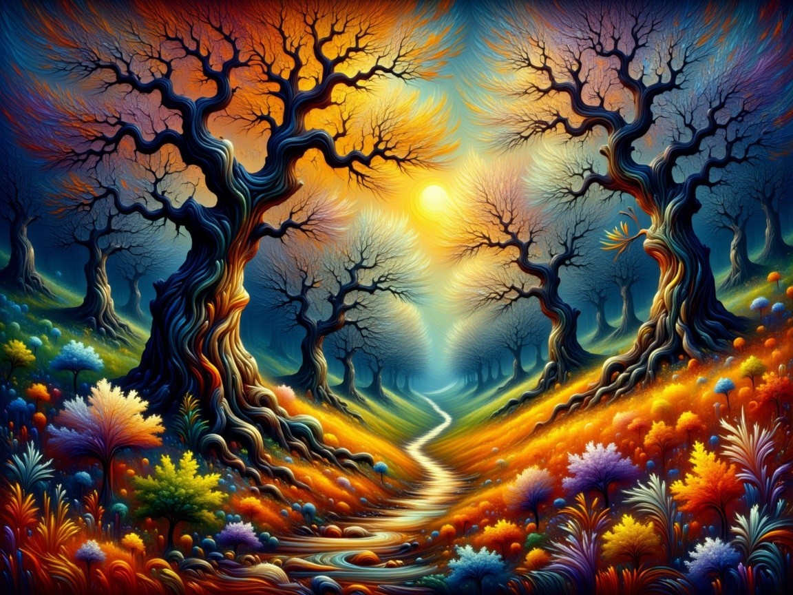 Vibrant Forest Scene at Dusk with Twisted Trees