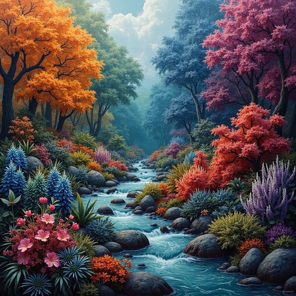 Vibrant Autumn Forest Scene with Winding Stream