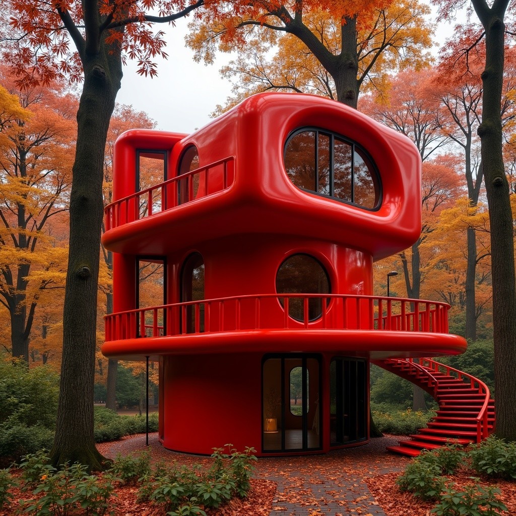Modern Red Treehouse in Vibrant Autumn Forest