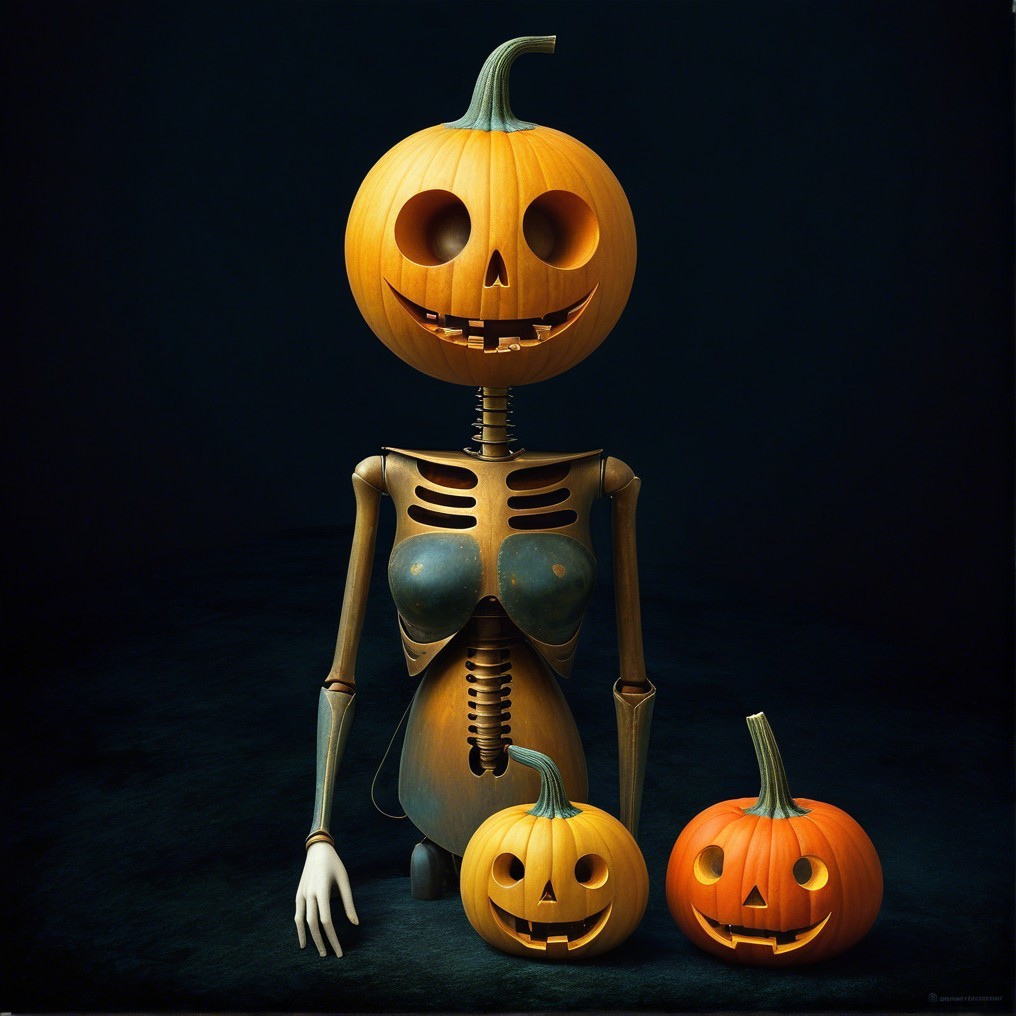 Whimsical Skeleton with Pumpkins in Dark Atmosphere