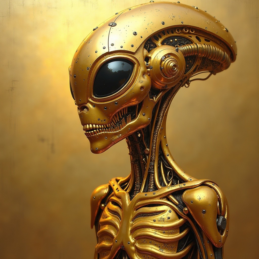 Futuristic humanoid robot with metallic design and gold
