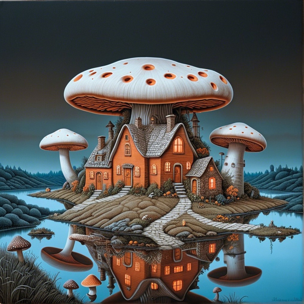 Whimsical House on an Island Surrounded by Mushrooms
