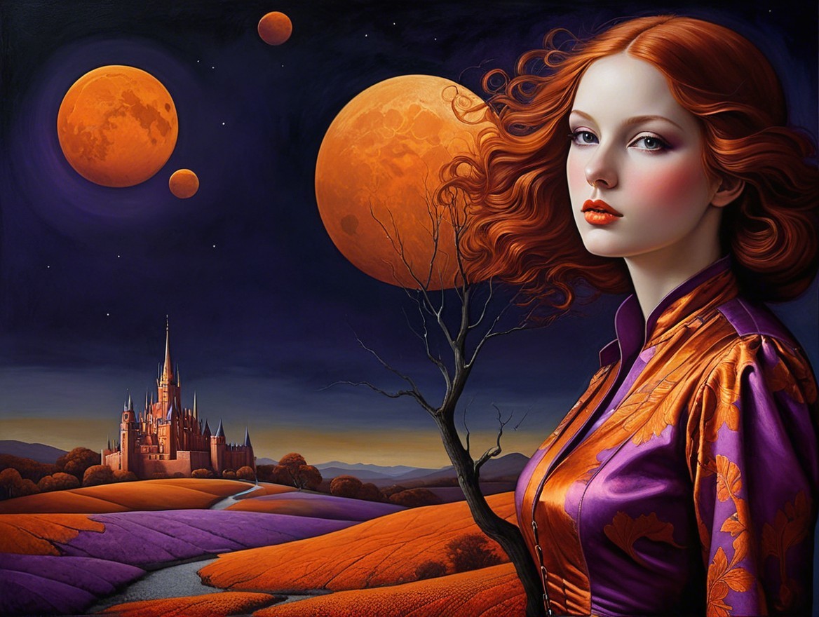 Portrait of a Woman in Enchanted Landscape with Moons