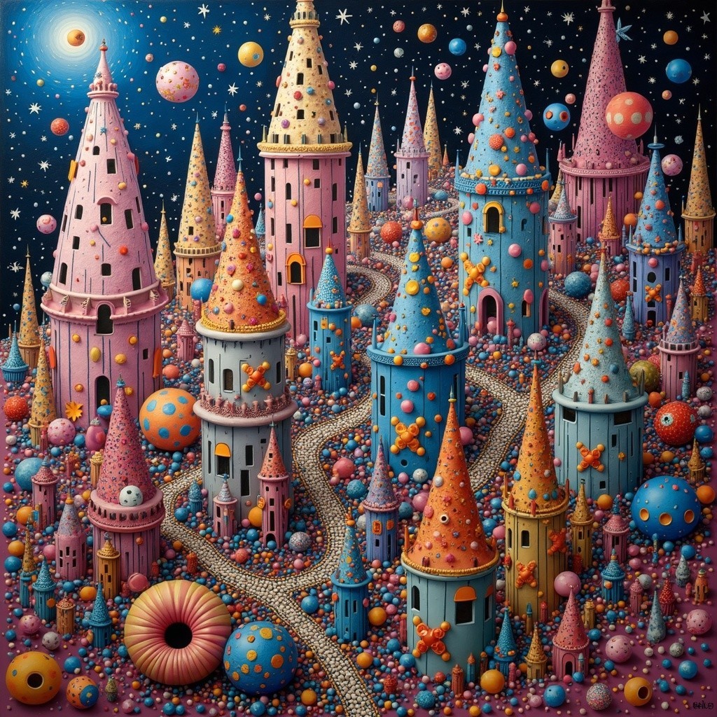 Whimsical Landscape with Colorful Castles and Night Sky