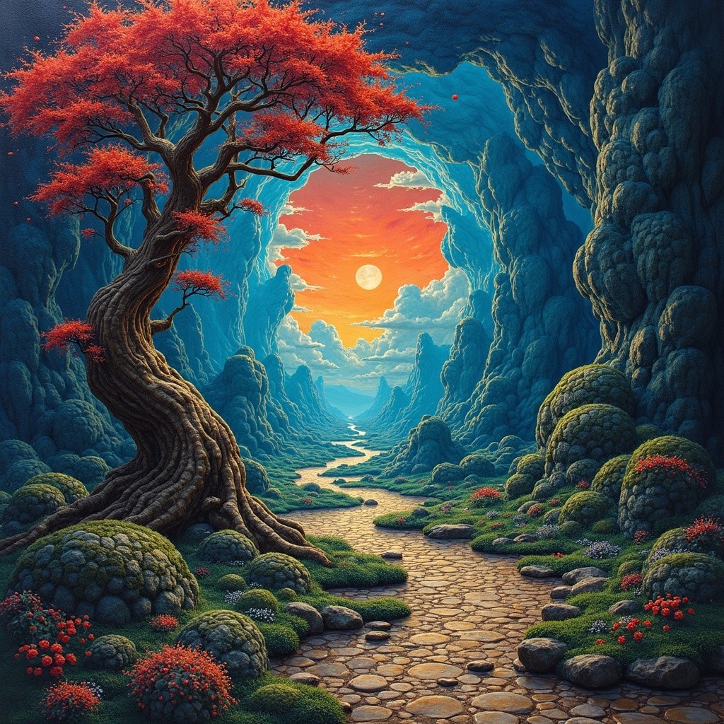 Serene Landscape with Pathway and Vibrant Foliage