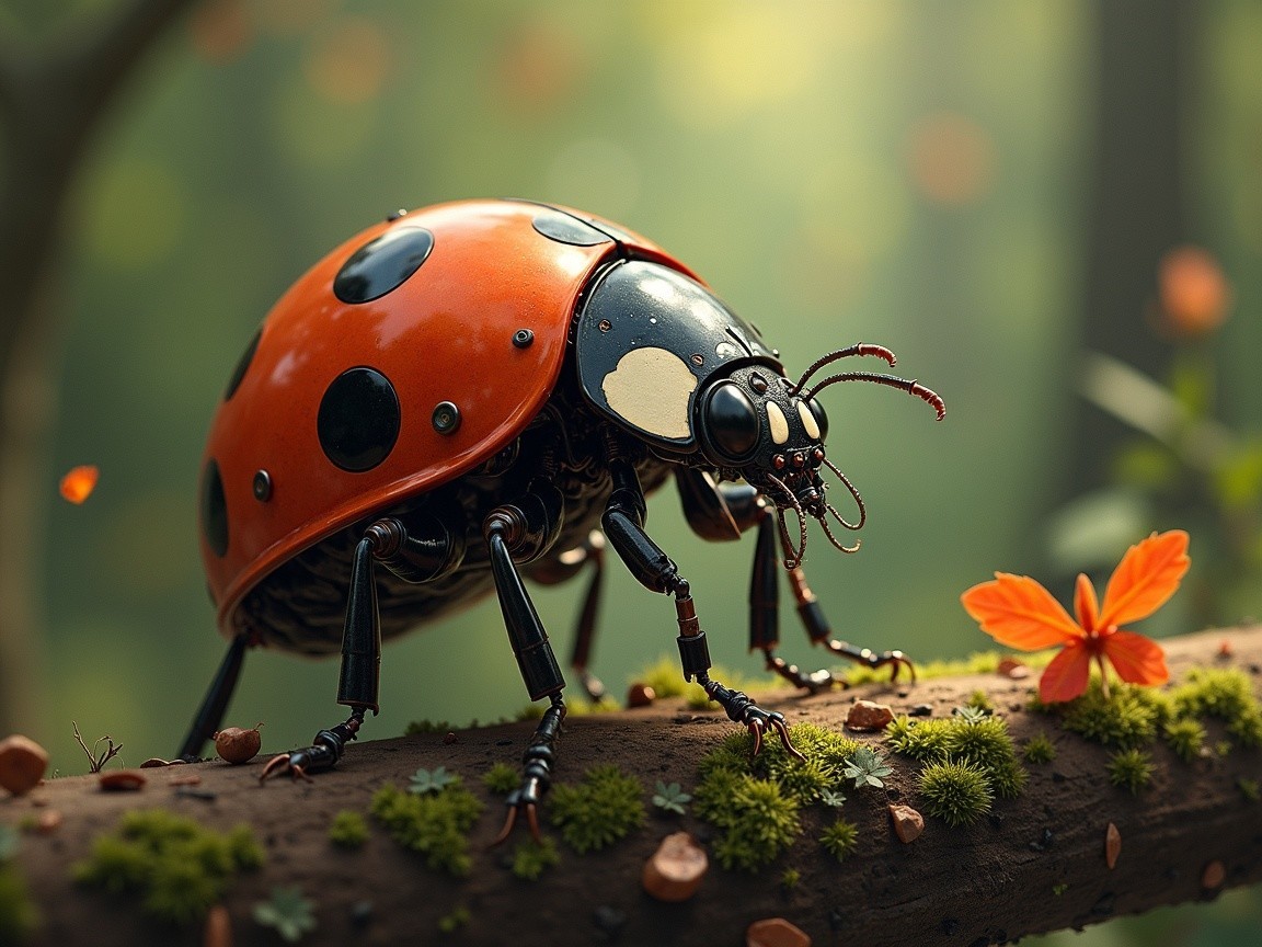 Robotic Ladybug on Mossy Log in Vibrant Forest