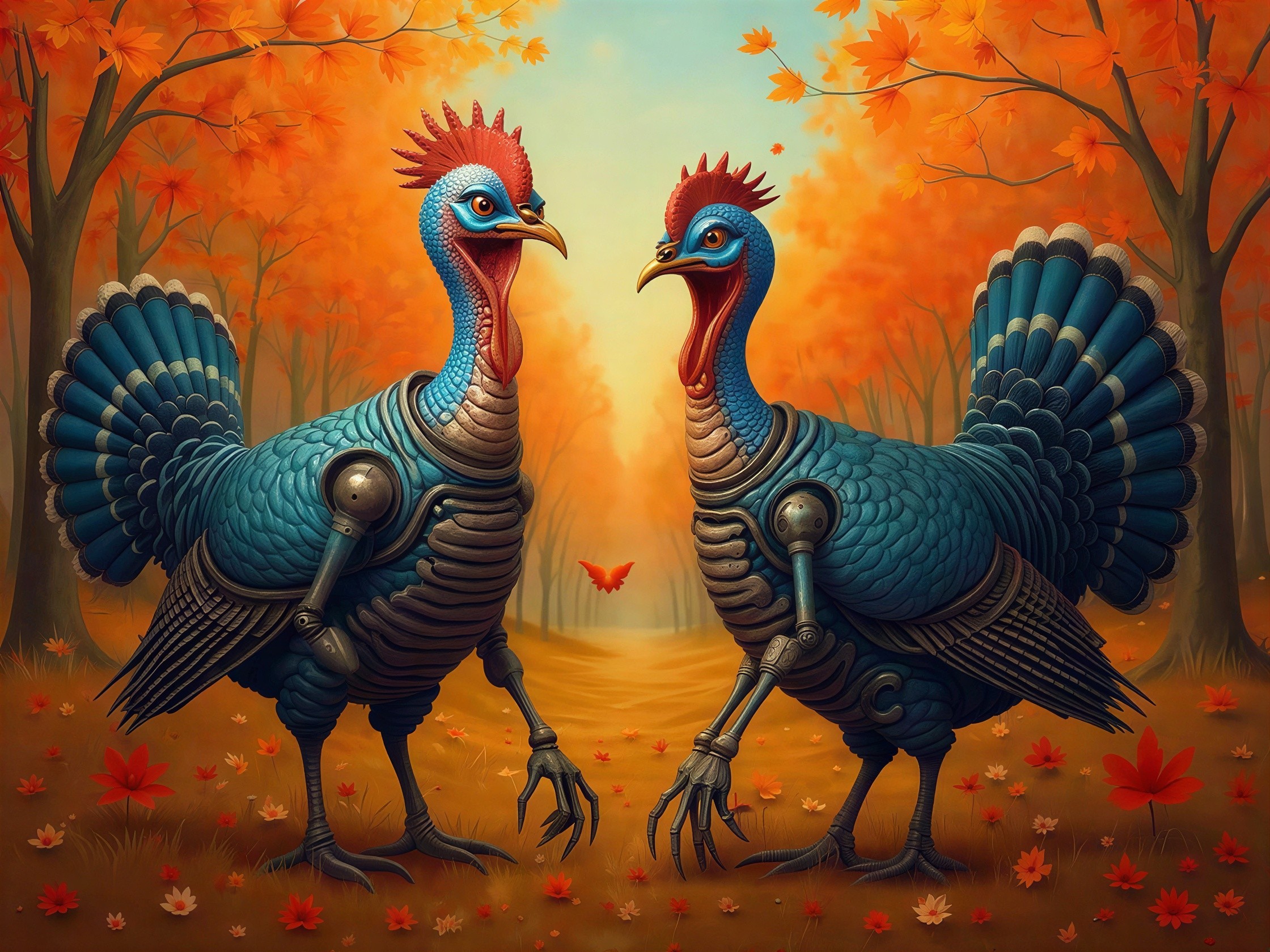 Mechanical Turkeys in Autumn Forest Setting