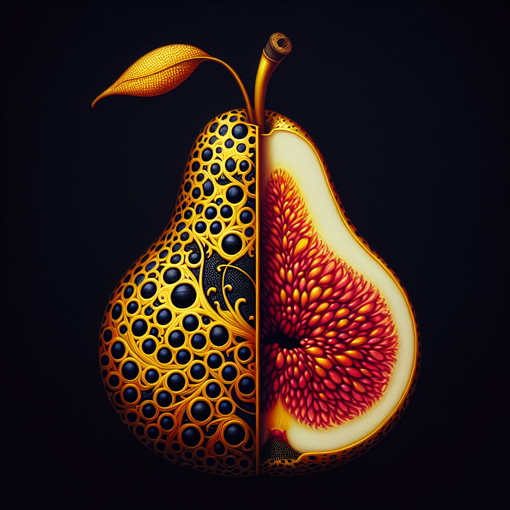Artistic Split Pear with Glossy Exterior and Jewel Tones