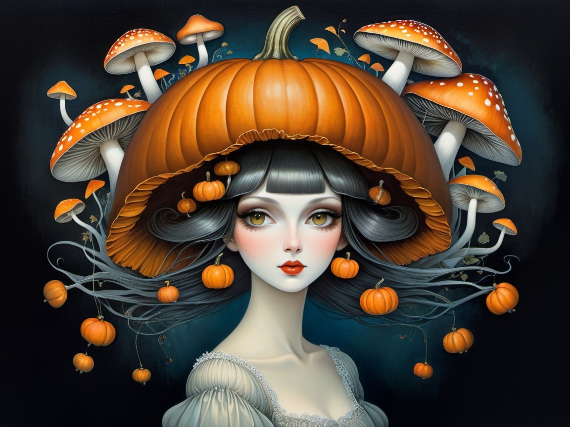 Whimsical Portrait of a Woman with Pumpkin Hat