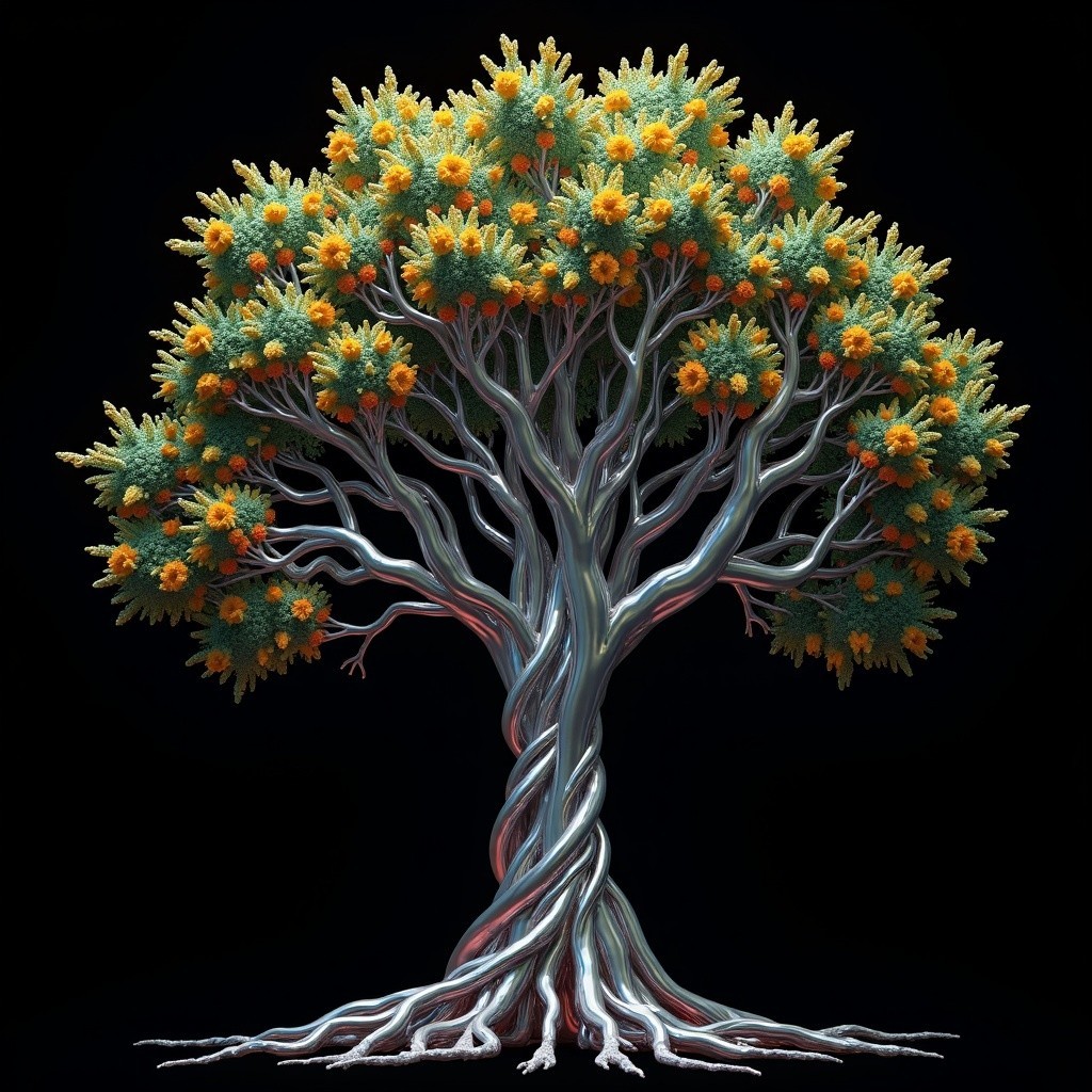 Stylized tree with vibrant orange blossoms and lush foliage