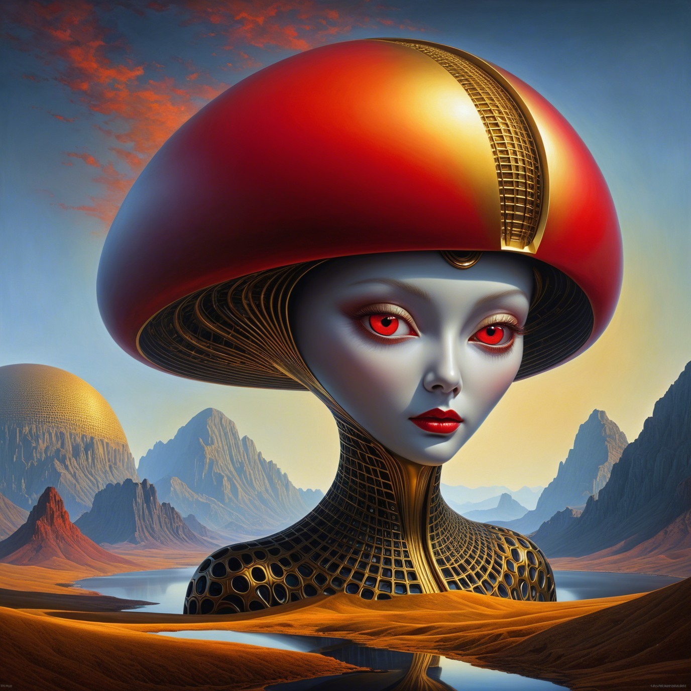 Stylized Alien Woman in Futuristic Mountain Landscape