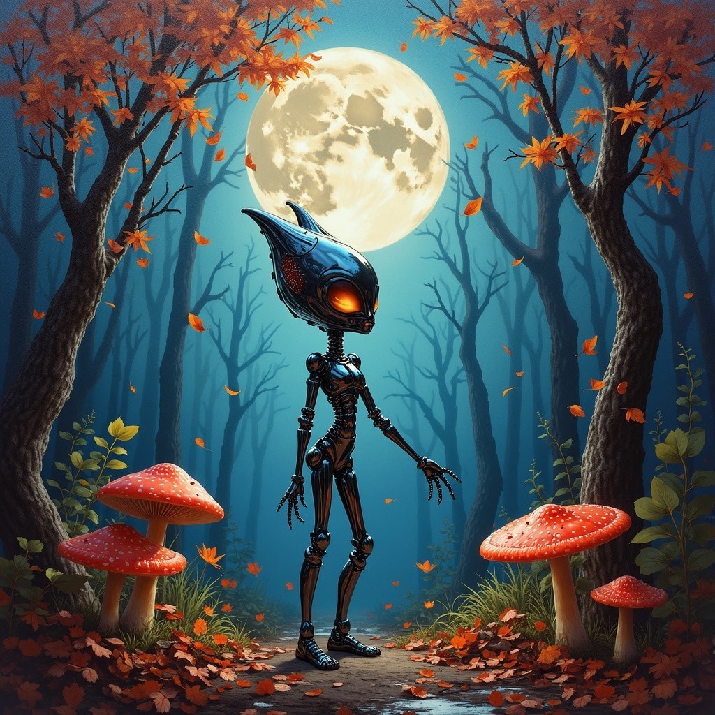 Metallic Creature in Mystical Forest Under Full Moon
