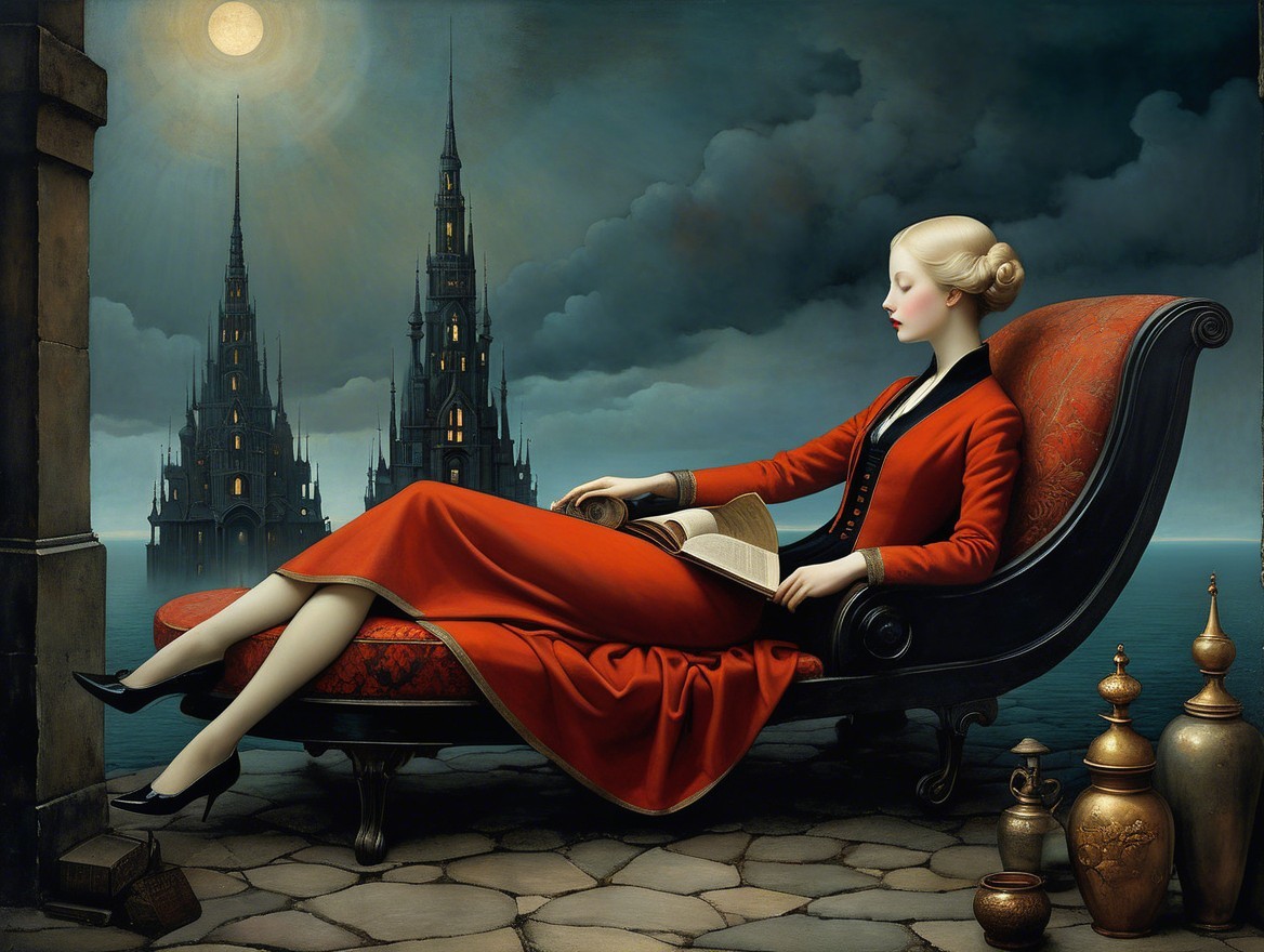Elegant Woman in Red Gown Reading Under Moonlit Sky