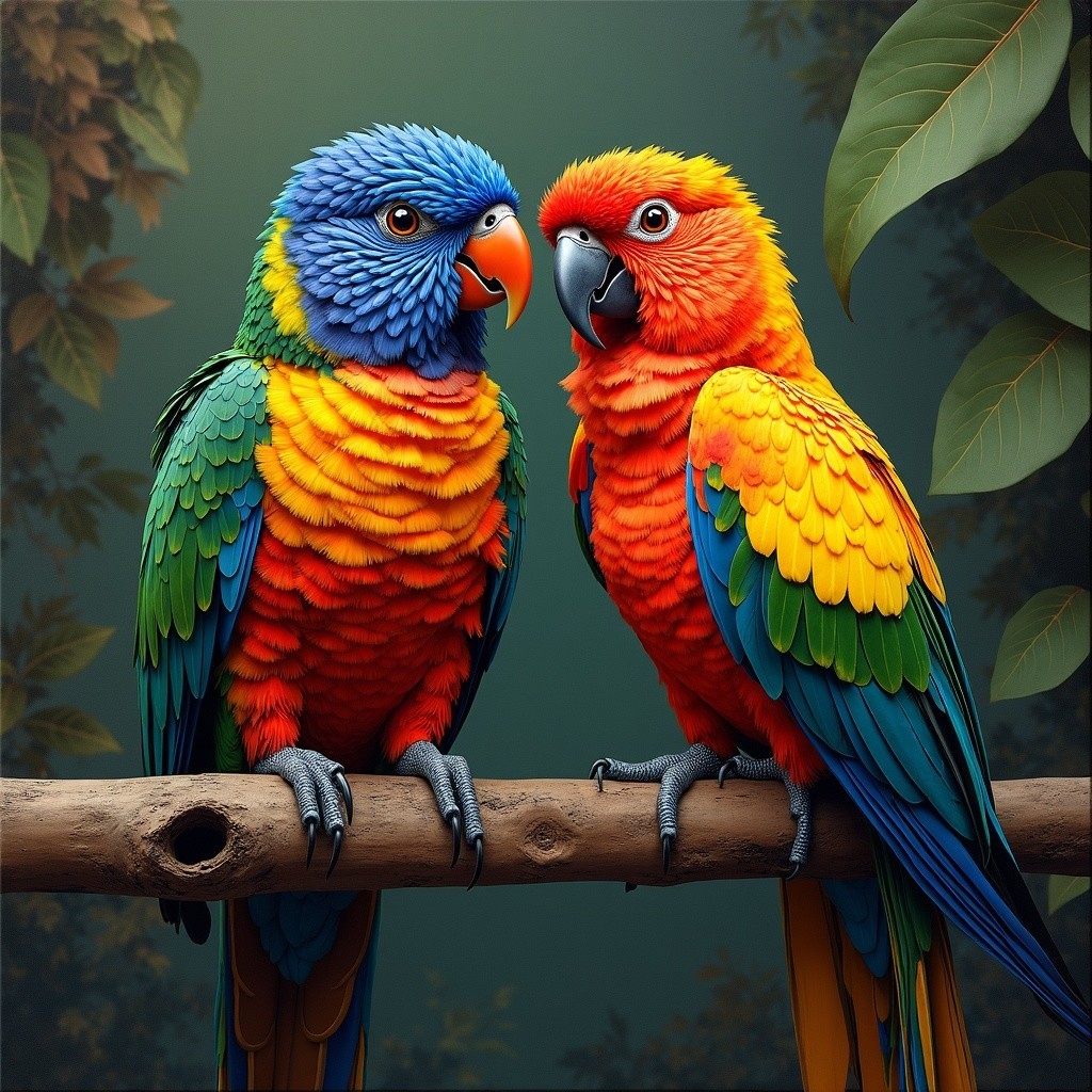 Vibrant Parrots on Branch with Colorful Plumage