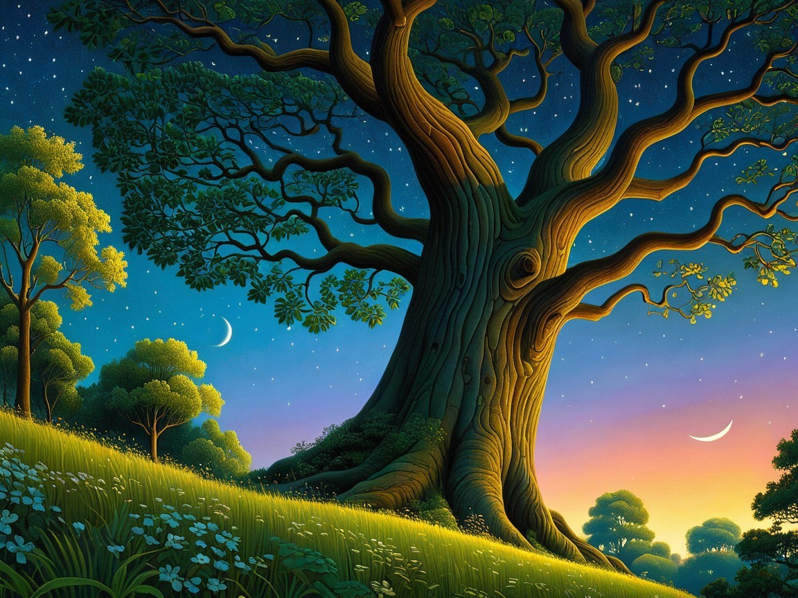 Majestic Tree Under Twilight Sky with Stars and Moons