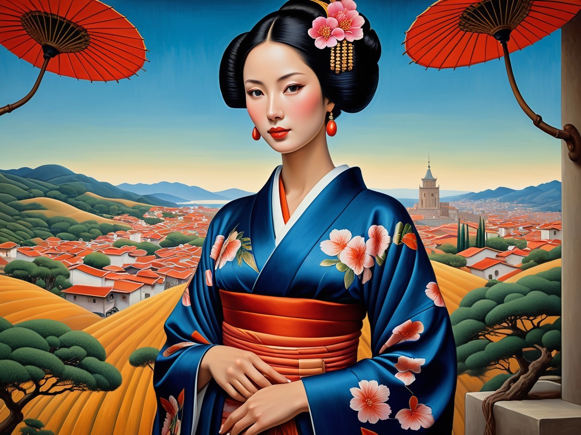 Young Woman in Traditional Blue Kimono with Floral Patterns
