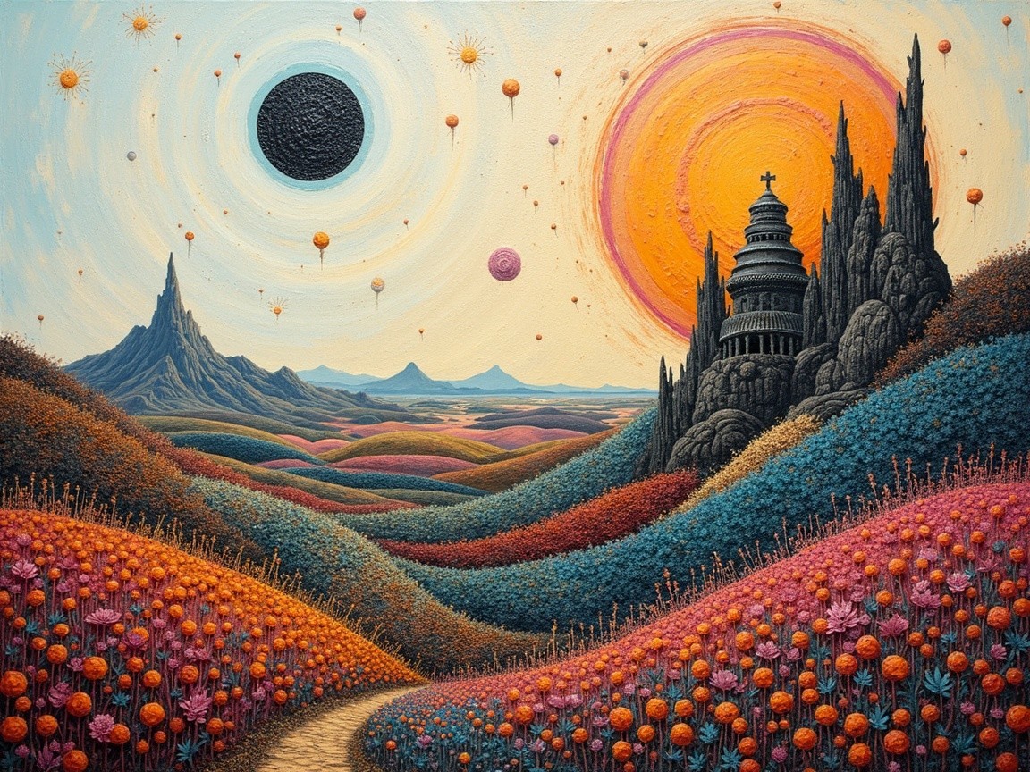 Vibrant Landscape with Colorful Flowers and Surreal Sky