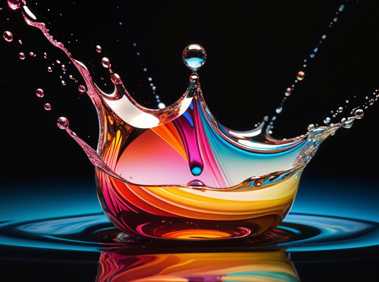 Colorful Liquid Crown with Dynamic Droplets on Dark Background