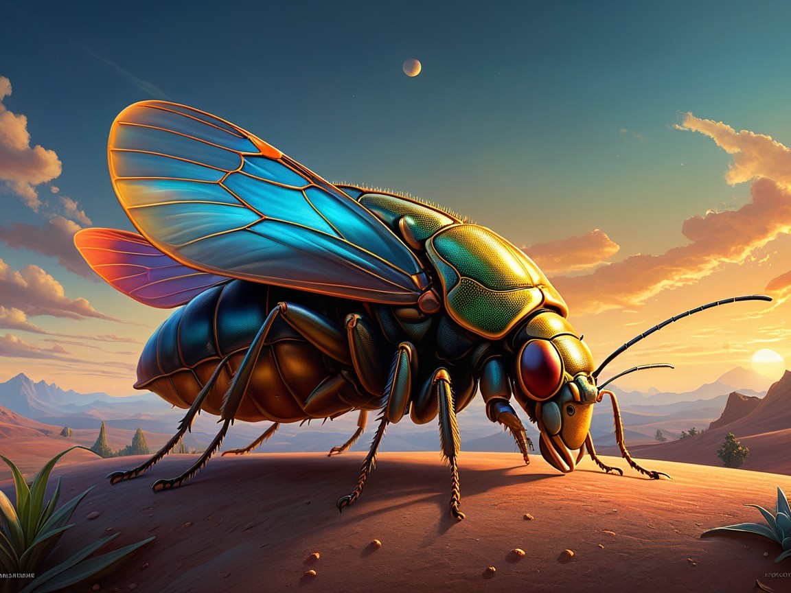 Colossal Insect in a Sunlit Desert Landscape