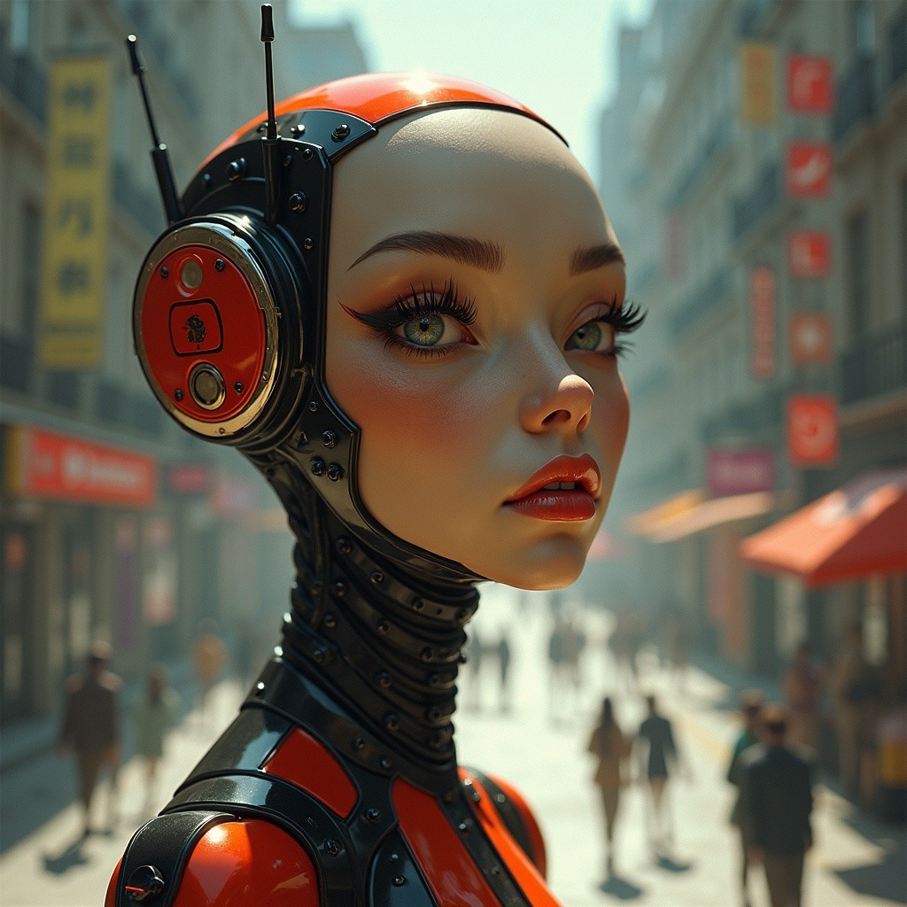 Futuristic Humanoid Figure in Vibrant Urban Setting