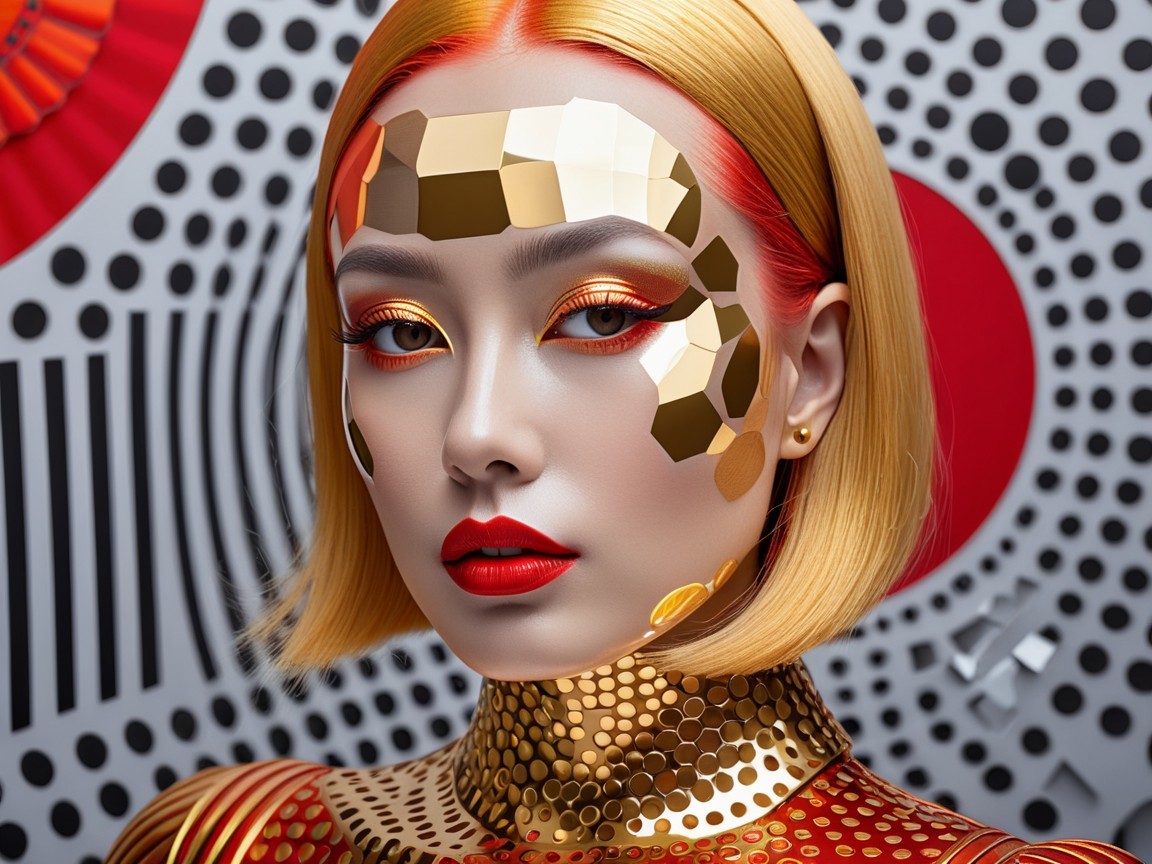 Close-up of a model with geometric gold accents