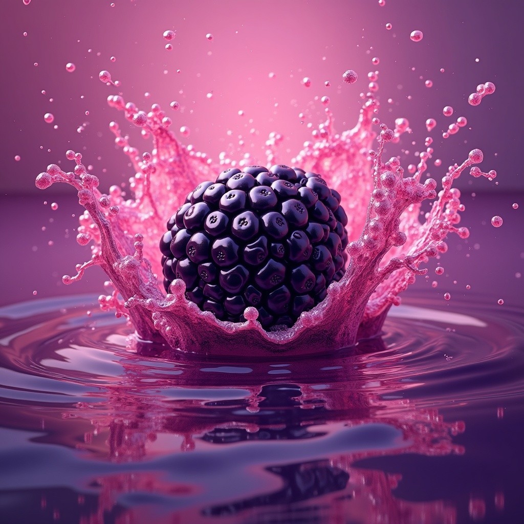 Black Raspberry Splash in Purple Water Background